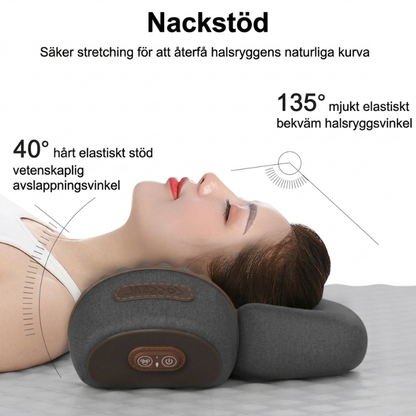 Kvinna som ligger på 3-i-1 nackmassagekudde – infografik visar nackstöd med 40° och 135° ergonomiska vinklar för optimal stretch