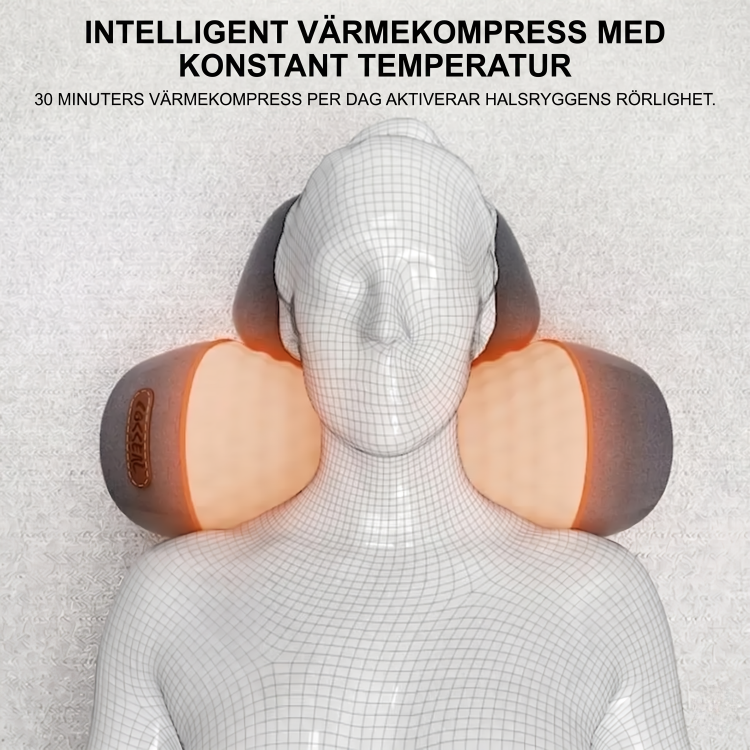 3-i-1 nackmassagekudde med intelligent värmekompress – illustrerar hur kudden värmer nacken med konstant temperatur