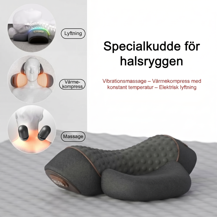 3-i-1 nackmassagekudde på säng – infografik visar tre funktioner: elektrisk lyftning, värmekompress och vibrationsmassage
