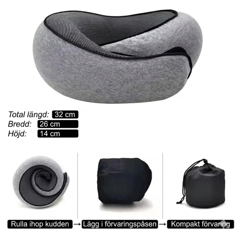 Resekudde med måttangivelser 32 x 26 x 14 cm och tre steg som visar hur kudden rullas ihop, läggs i förvaringspåsen och förvaras kompakt