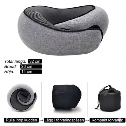 Resekudde med måttangivelser 32 x 26 x 14 cm och tre steg som visar hur kudden rullas ihop, läggs i förvaringspåsen och förvaras kompakt