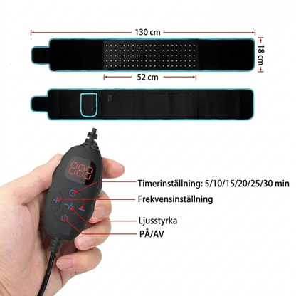 Måttbild och kontrollenhet för InfraRelief™ Rödljusterapi Bälte Pro – total längd 130 cm, LED-panel 52 cm, bredd 18 cm. Kontrollenhet med timerinställning, frekvensinställning, ljusstyrka och PÅ/AV