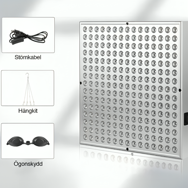 NordCura™ LightPanel 225 – rödljusterapi LED-panel med 225 dioder, 660 nm och 850 nm infraröd ljusterapi. Aluminiumpanel 31×31 cm med strömkabel, hängkit och ögonskydd. Professionell rödljusterapi hemma.