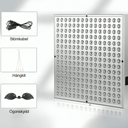 NordCura™ LightPanel 225 – rödljusterapi LED-panel med 225 dioder, 660 nm och 850 nm infraröd ljusterapi. Aluminiumpanel 31×31 cm med strömkabel, hängkit och ögonskydd. Professionell rödljusterapi hemma.