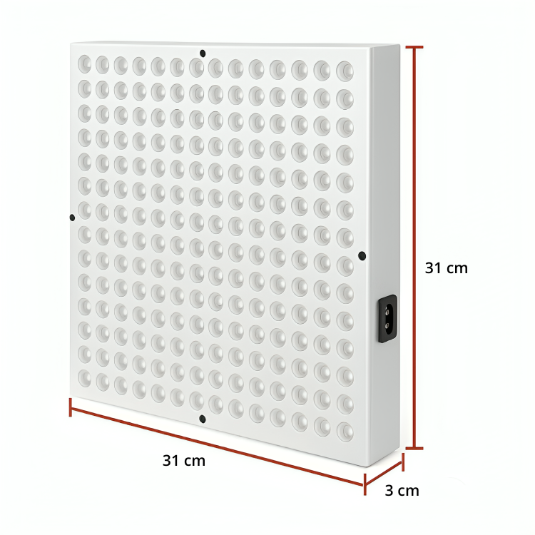 NordCura™ LightPanel 225 – rödljusterapi LED-panel med 225 dioder, 660 nm och 850 nm infraröd ljusterapi. Aluminiumpanel 31×31 cm med strömkabel, hängkit och ögonskydd. Professionell rödljusterapi hemma.