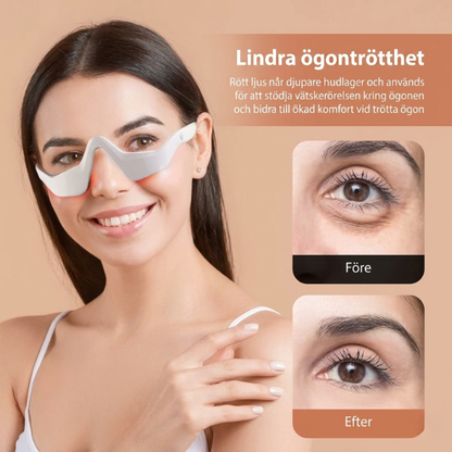 InfraRelief™ Ögonmassager med rödljus aktiverat – före och efter bild av ögonområdet, kvinna bär enheten mot beige bakgrund
