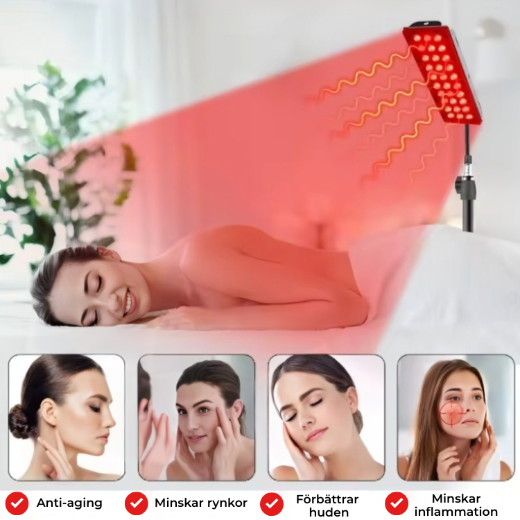 rödljusterapi lampa i användning – anti-aging, minskar rynkor, förbättrar huden och minskar inflammation med infraröd LED-ljusterapi hemma