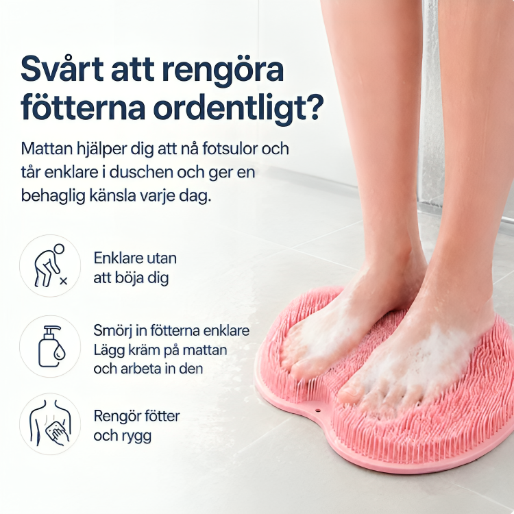 Svårt att rengöra fötterna ordentligt? Rosa skrubbmatta i duschen hjälper dig att nå fotsulor och tår utan att böja dig. Kan även användas för att smörja in fötterna och rengöra ryggen.