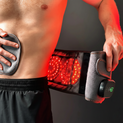 NordCura™ ThermaBelt värmebälte i grå neopren med rödljus, vibration och digital display – trådlöst värmebälte för ryggsmärta och ländryggsbesvär