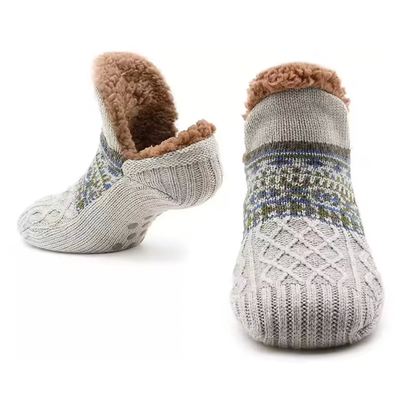 Varmfodrade halksockor i gråbeige med fleecefoder och mönstrat skaft