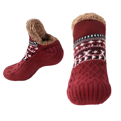 Varmfodrade halksockor i vinrött med fleecefoder och nordiskt mönster
